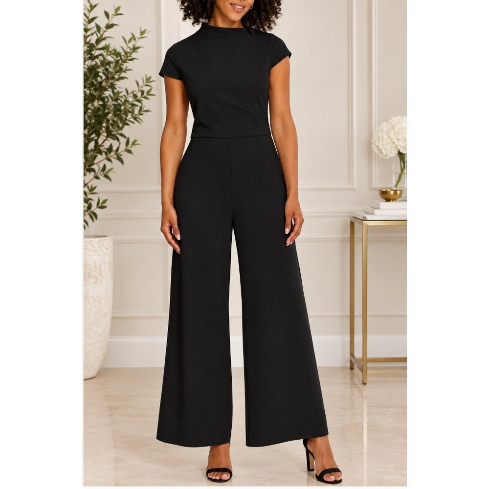 NWT Maggy London Jumpsuit Women Black Draped Mock Neck Wide Leg 14 $148